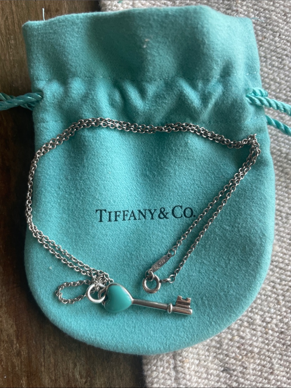 Tiffany & Co. Sterling Silver Key Necklace with Blue Enamel Heart